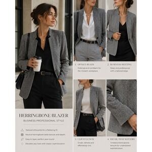 Mina Self Womens Herringbone Blazer Black White Open Front‎ Jacket Size L New